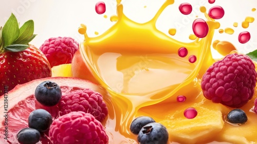 Vibrant splash of mango juice with mixed berries on a bright background creating a fresh and appetizing scene