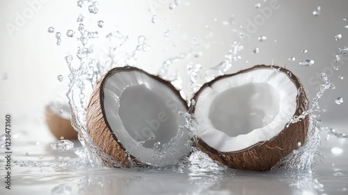 Coconuts split open splashing water in a bright, minimalistic setting showcasing fresh coconut meat