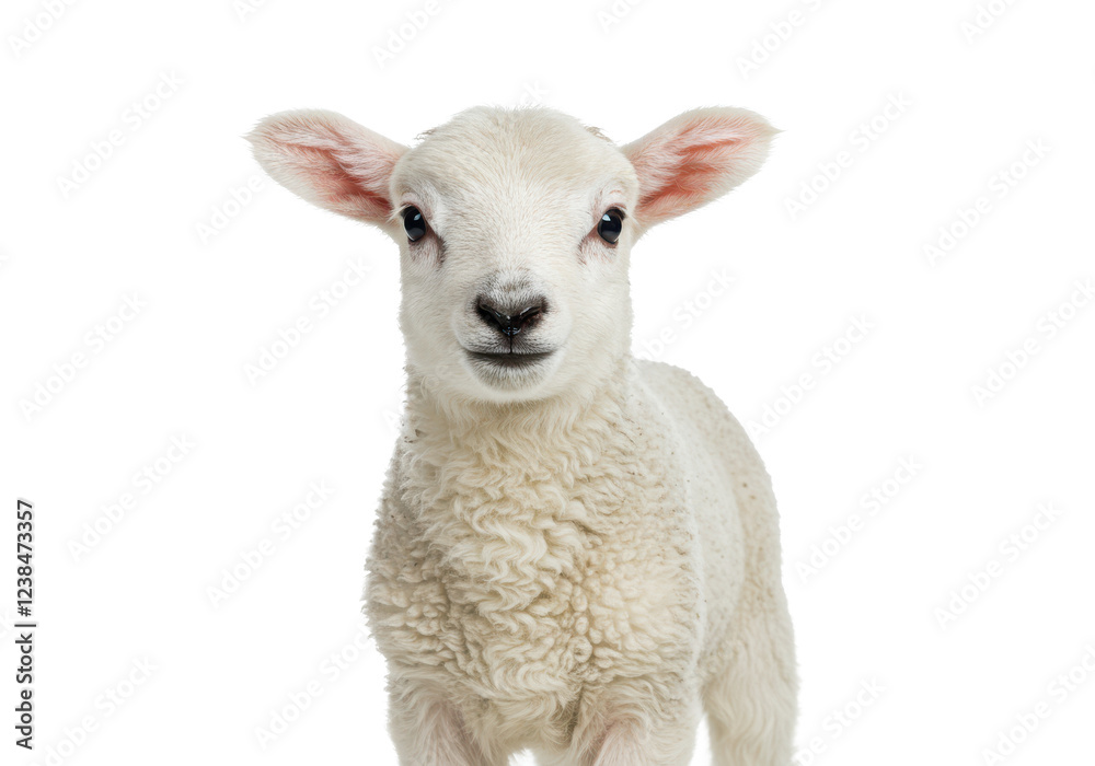Fototapeta premium A young lamb with soft wool and curious expression, isolated on white background