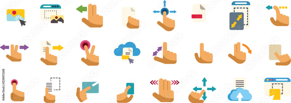 Set of icons representing different hand gestures interacting with touch screens, performing actions like scrolling, zooming, and selecting Set of icons representing different hand gestures interacting with touch screens, performing actions like scrolling, zooming, and selecting