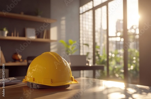 Two constructors shake hands over blueprints, helmets, and equipment on a desk. A bright office scene symbolizes industry, safety, and engineering teamwork.