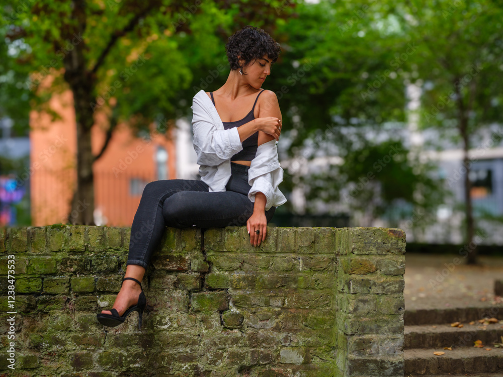 Naklejka premium A young woman with curly hair sits on a moss-covered brick wall in an urban park, wearing a black outfit and a white open shirt, gazing away with a relaxed expression