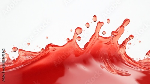 Bright red liquid splashes against a white background creating dynamic water droplets at high speed