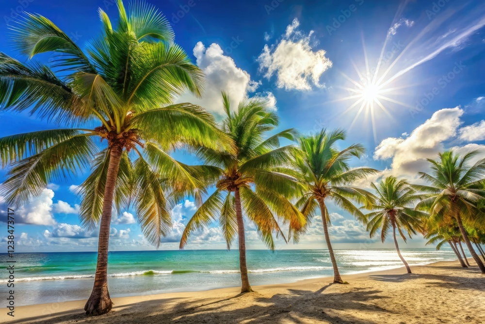 Sunny day at the beach with palm trees swaying in the breeze, serene, scene, warmth, ocean, nature Sunny day at the beach with palm trees swaying in the breeze, serene, scene, warmth, ocean, nature