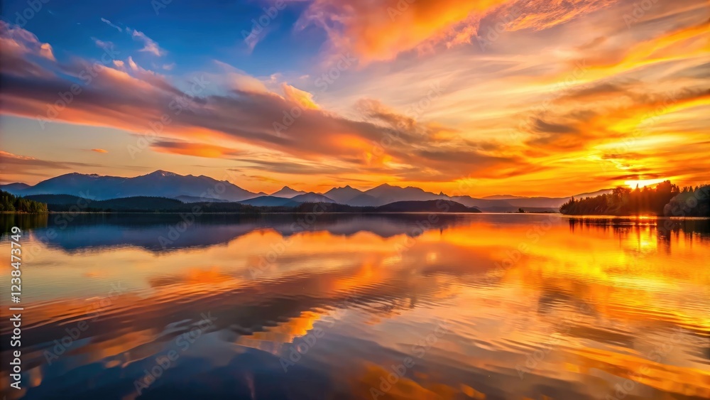 Obraz premium Sunset over a peaceful lake with calm waters, reflecting a vibrant orange sky and surrounding mountains in the distance, sunset, atmosphere, calm