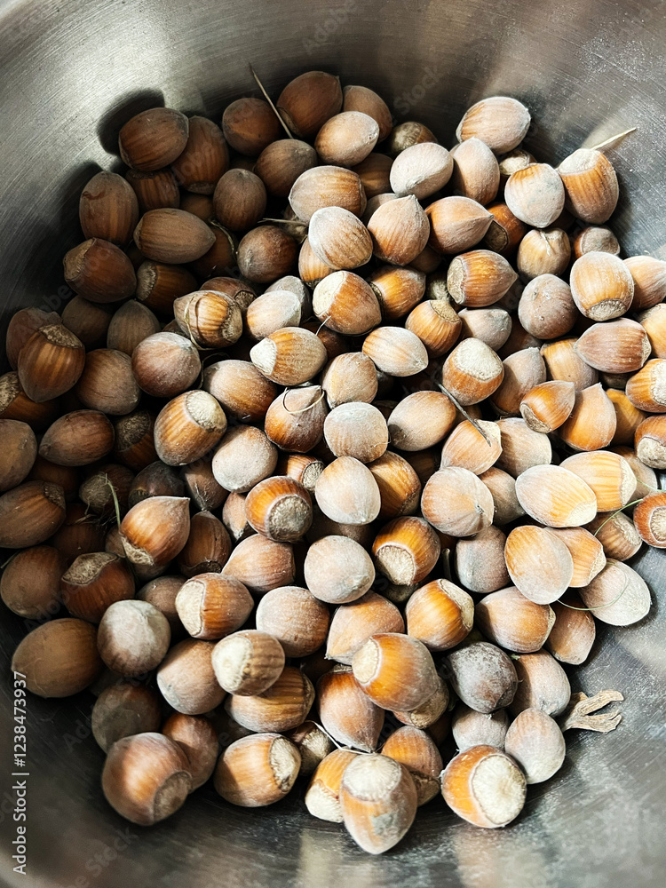 Close-up of unshelled hazelnuts in a metal container with natural lighting Close-up of unshelled hazelnuts in a metal container with natural lighting