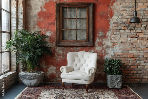Cozy vintage armchair in a rustic red brick room.