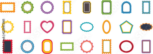 Diverse collection of vibrant, scalloped edge picture frames in various shapes and colors, offering versatile decorative possibilities