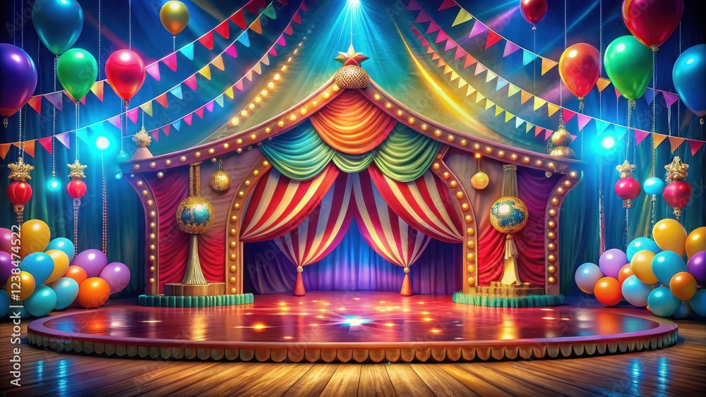 Fototapeta premium Vibrant colorful circus stage with festive lighting and vibrant balloons