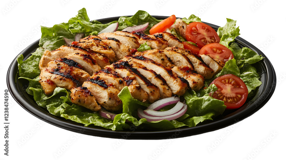 Grilled chicken salad with lettuce, tomatoes and onion on a black plate over a white background.
Grilled chicken salad with lettuce, tomatoes and onion on a black plate over a white background.