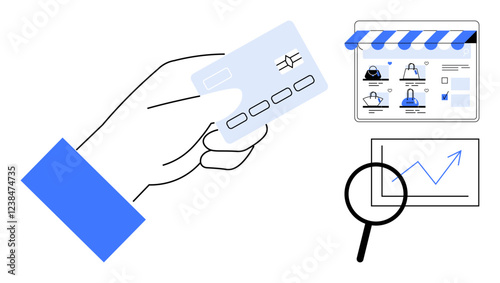 Hand holding credit card, online store with shopping icons, magnifying glass viewing growth chart. Ideal for e-commerce, online transactions, financial analysis, digital marketing, business strategy