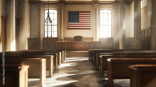 Courtroom, Judge's bench, American flag, sunlight, justice photo