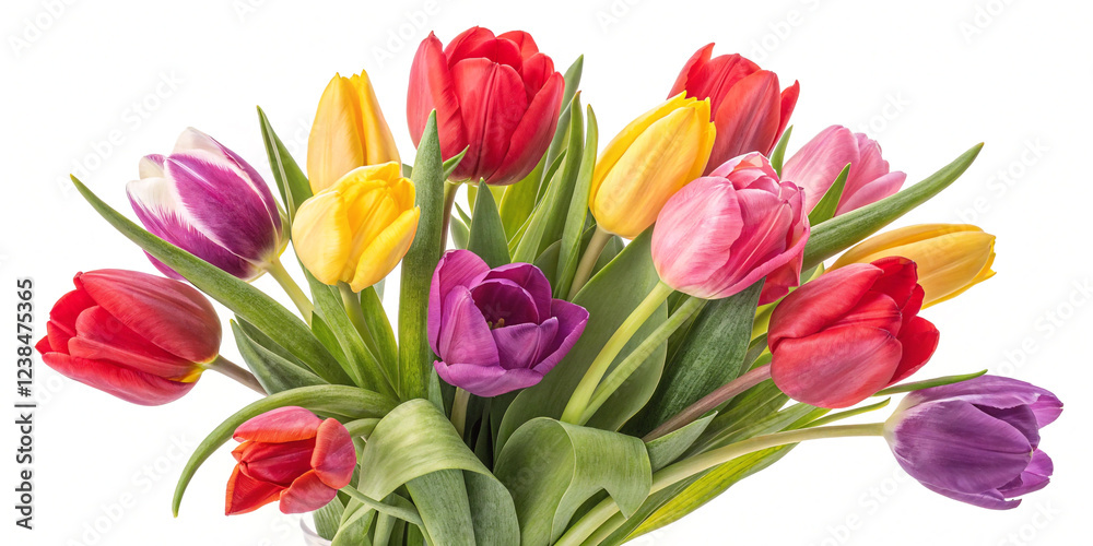 Obraz premium Vibrant Colorful Bouquet of Tulips Isolated on a White Background for Spring Celebrations