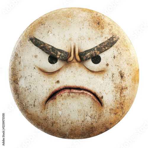 Expressive round character with a grumpy face and a dirty texture on a transparent background