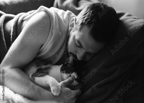 man with a bonding with her cat generative ai