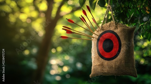 Target Your Customers - Three Arrows Hit in Red Target on a Hanging Sack on Green Bokeh Background. photo