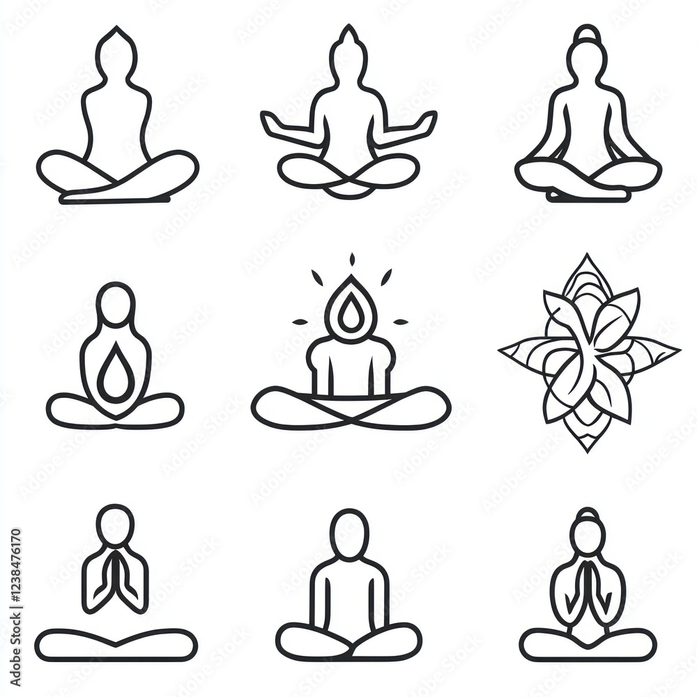 Yoga and Meditation Icons - A set icons related to yoga, mindfulness, breathing, poses, fitness, and spiritual balance Editable stroke, isolated on white background Yoga and Meditation Icons - A set icons related to yoga, mindfulness, breathing, poses, fitness, and spiritual balance Editable stroke, isolated on white background