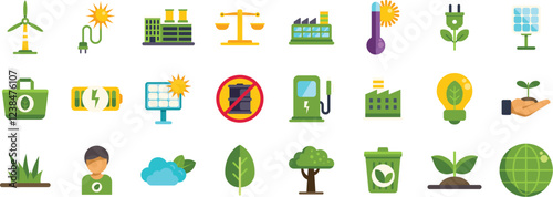 Diverse set of eco icons highlighting renewable energy, green practices, and environmental conservation