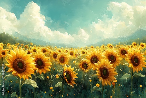 Watercolor illustration of a sunflower field, perfect for summer or fall design projects.