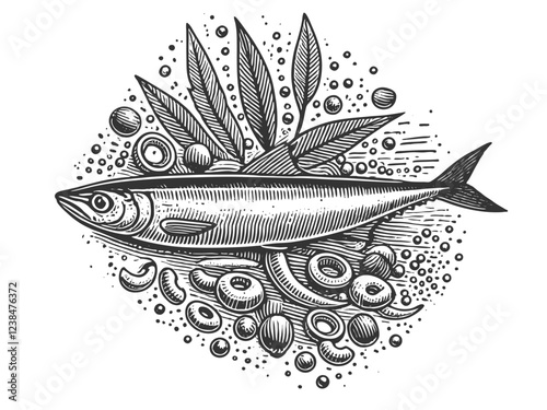 Anchovy Fish engraving sketch vector illustration