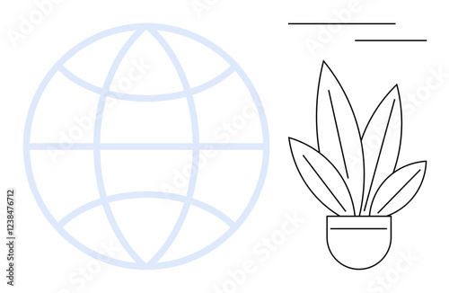 Minimalist globe with meridians and parallels beside a potted plant and two parallel lines. Ideal for concepts of growth, global connection, sustainability, environmentalism, minimalism