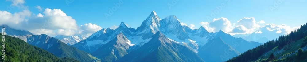 Obraz premium Towering peaks meet cerulean sky with wispy clouds in summer, mountains, blue sky, sunlight