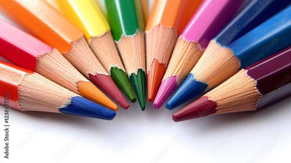 A vibrant collection of colored pencils arranged in a semicircle, showcasing their sharpened points and diverse hues. A vibrant collection of colored pencils arranged in a semicircle, showcasing their sharpened points and diverse hues.