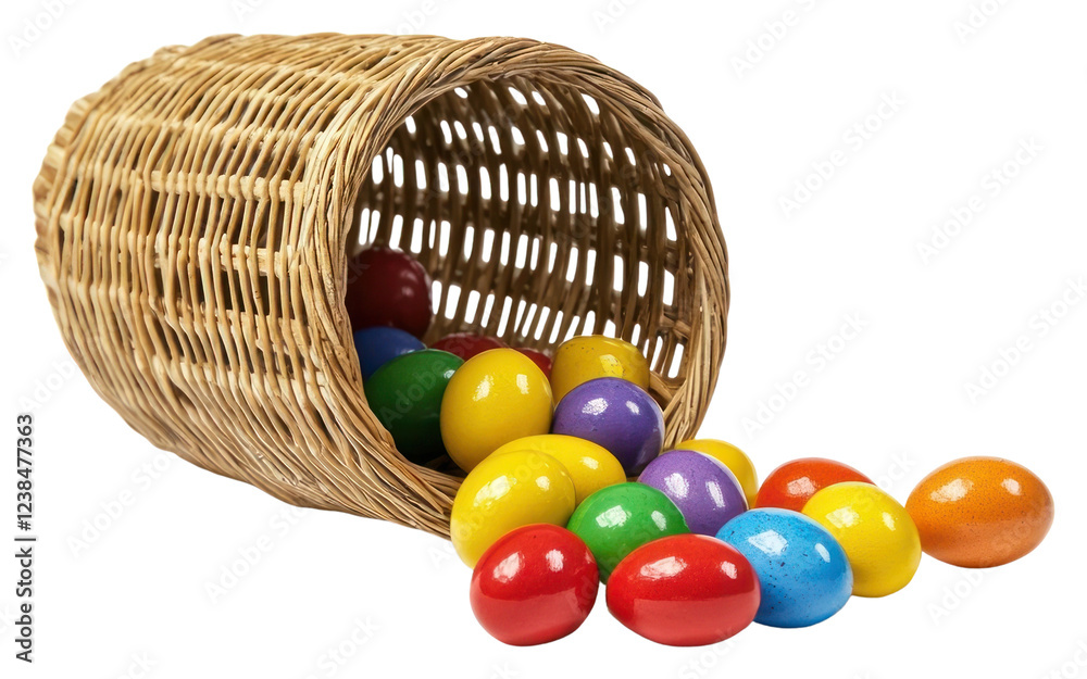 PNG Easter eggs spilling out colorful sweets basket. PNG Easter eggs spilling out colorful sweets basket.
