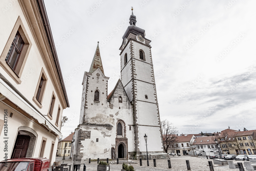 Medieval Town Pisek and historic old street with church of the nativity of the blessed Virgin Mary.