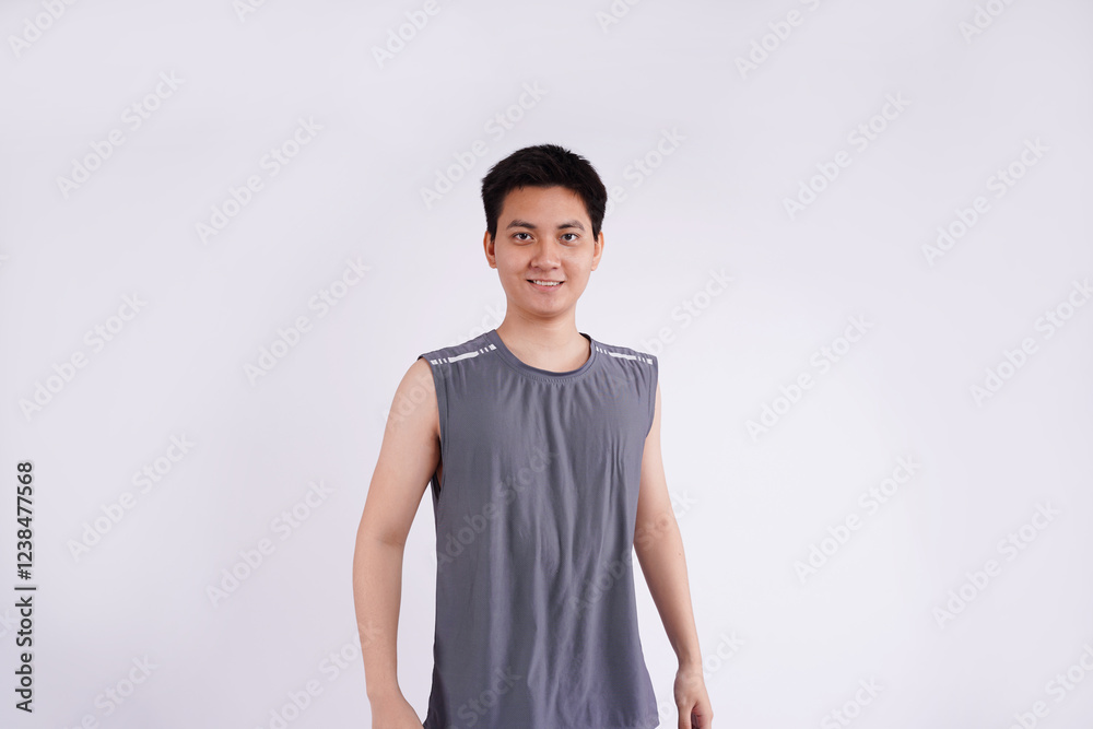 Image of an Asian guy wearing gym clothes posing on a white background Image of an Asian guy wearing gym clothes posing on a white background