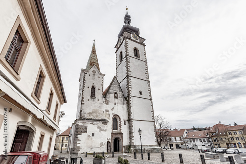 Obraz na płótnie Medieval Town Pisek and historic old street with church of the nativity of the blessed Virgin Mary. w salonie