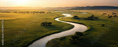 Riverside scenes nature concept. A breathtaking view of a winding river surrounded by lush green fields during sunset.