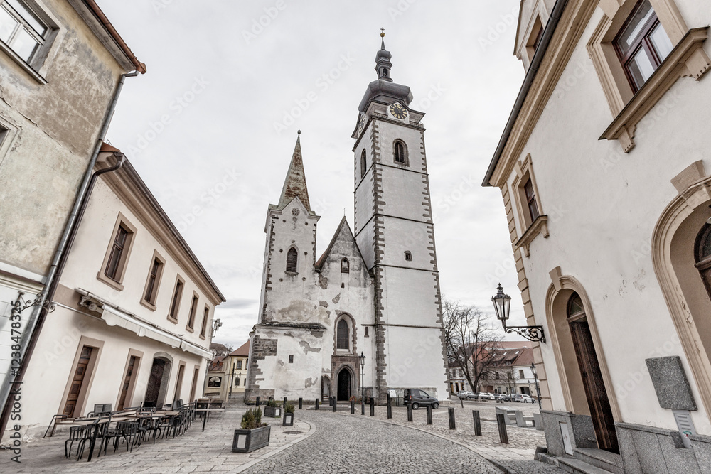 Medieval Town Pisek and historic old street with church of the nativity of the blessed Virgin Mary.