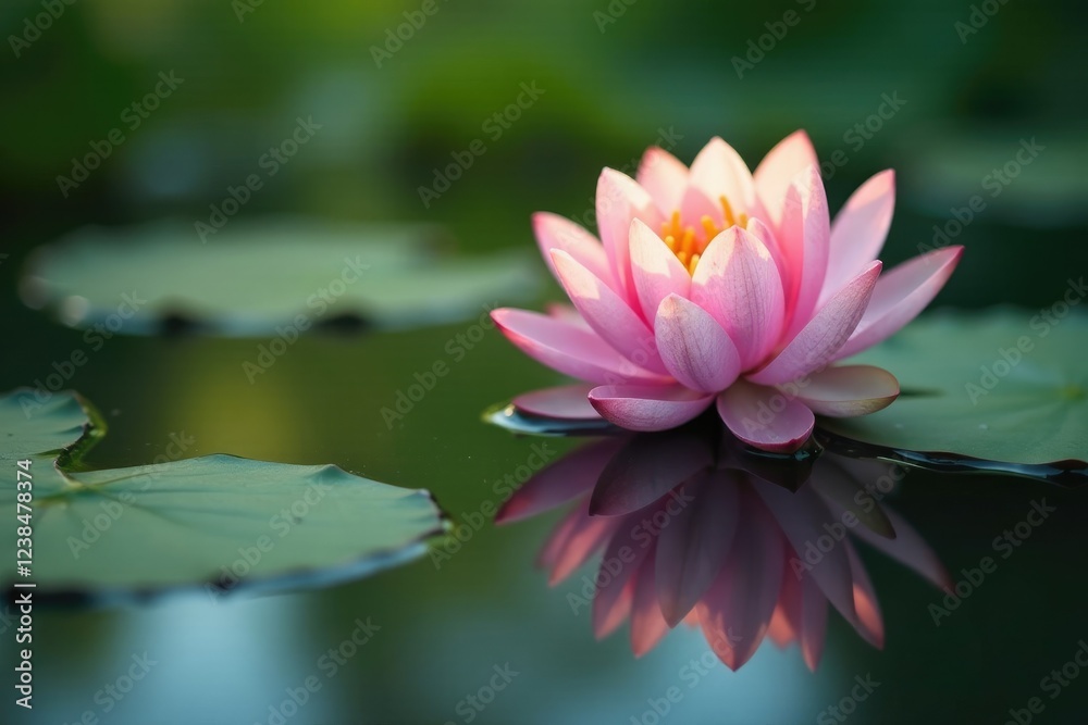 A delicate flower is reflected on a quiet pond surface, water, reflection A delicate flower is reflected on a quiet pond surface, water, reflection