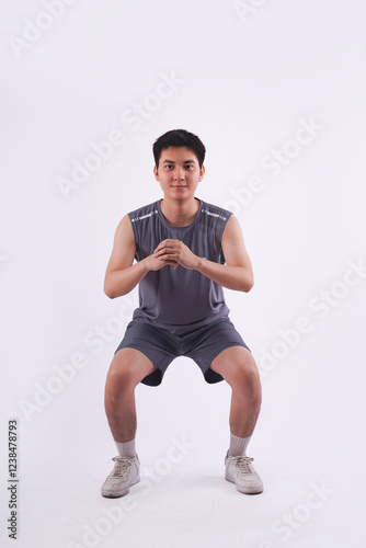 Full body image of Asian guy wearing gym clothes and posing on a white background