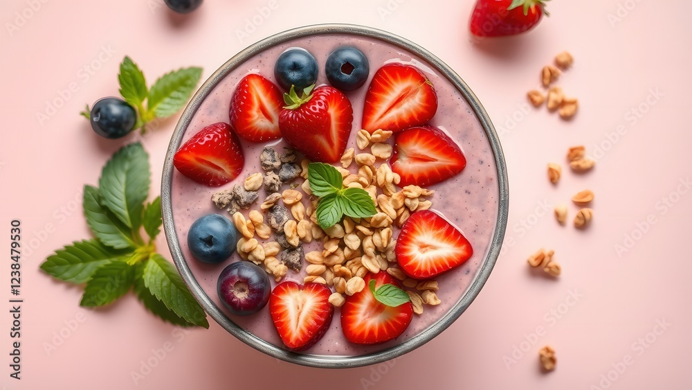 Bowl of granola with yogurt and berries for healthy breakfast.