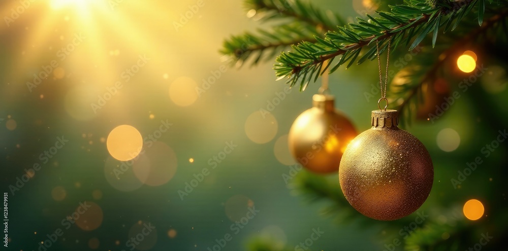 Glittering golden ornaments hanging from a Christmas tree branch, shiny, branches Glittering golden ornaments hanging from a Christmas tree branch, shiny, branches