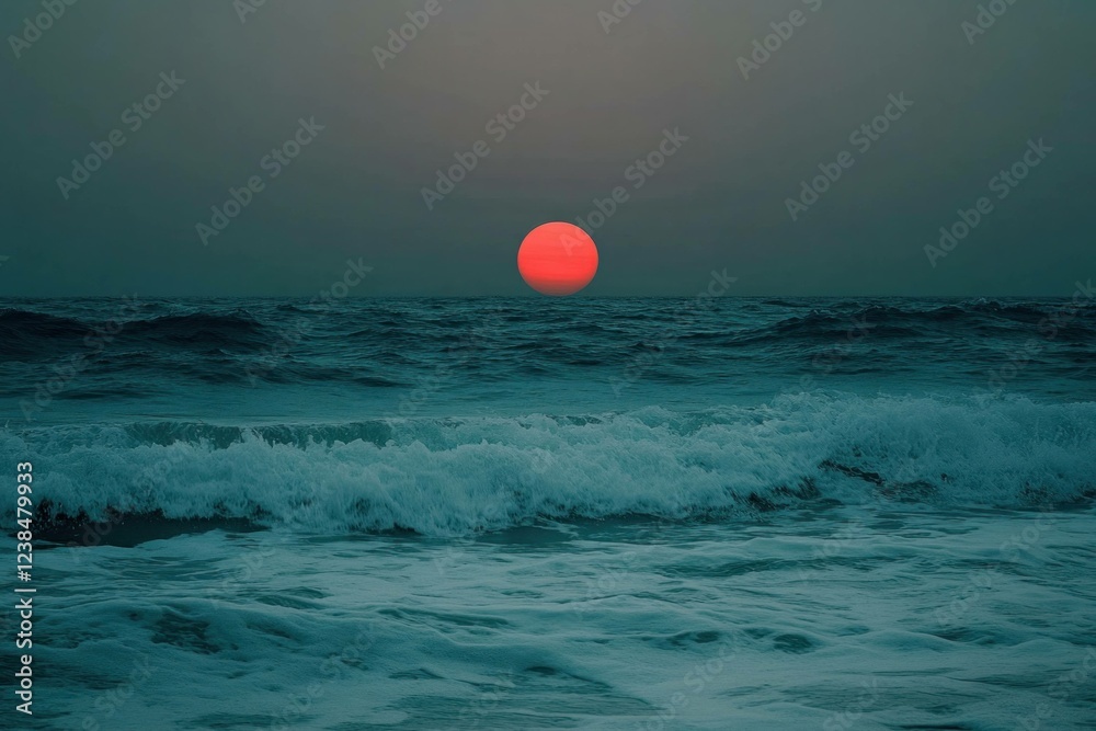 Serene sunset over ocean waves with vibrant red sun reflecting on water, evoking tranquility and natural beauty in a coastal setting Serene sunset over ocean waves with vibrant red sun reflecting on water, evoking tranquility and natural beauty in a coastal setting