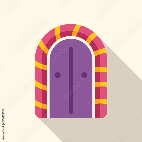 Whimsical purple double door set within a vibrant, striped arch, evoking a sense of enchantment and fairytale adventure