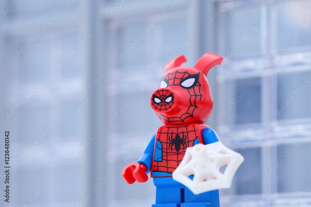 Obraz premium Tambov, Russian Federation - January 24, 2025 Lego Spider-Ham minifigure standing in front of an office building