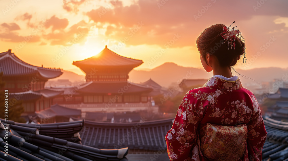 着物と景福宮—夕暮れに浮かぶ歴史のシルエット 着物と景福宮—夕暮れに浮かぶ歴史のシルエット