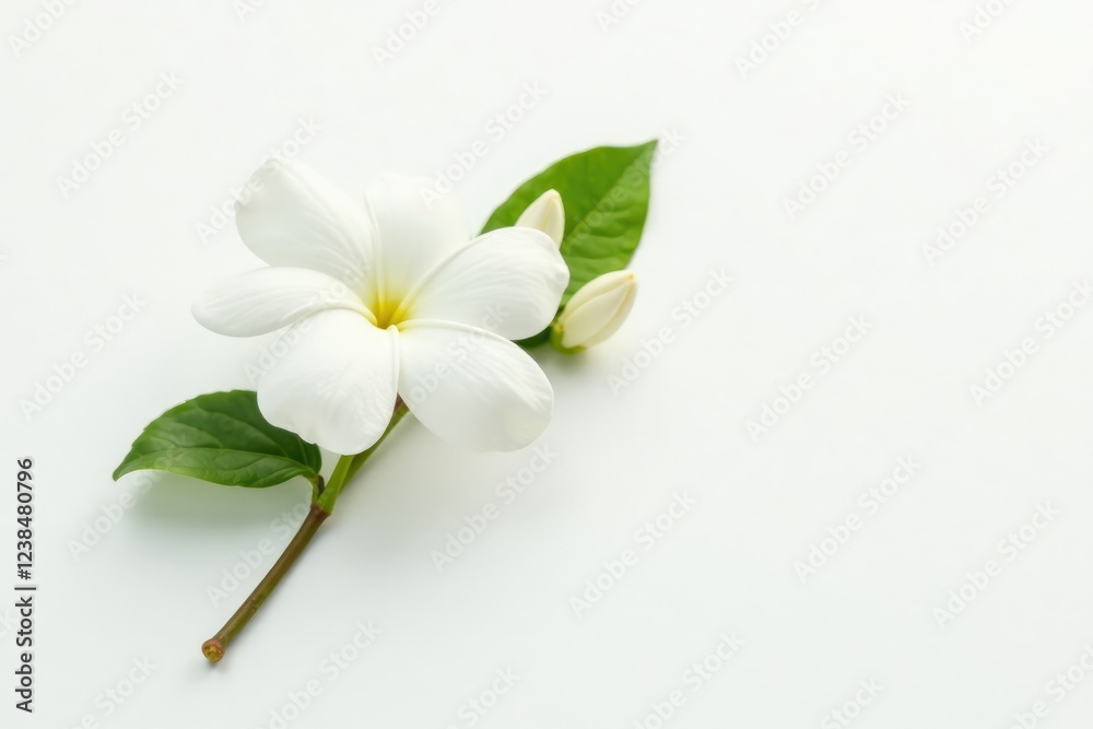 Obraz premium Single jasmine flower with its delicate leaf and stem on a simple white background, jasminum, botanical, floral