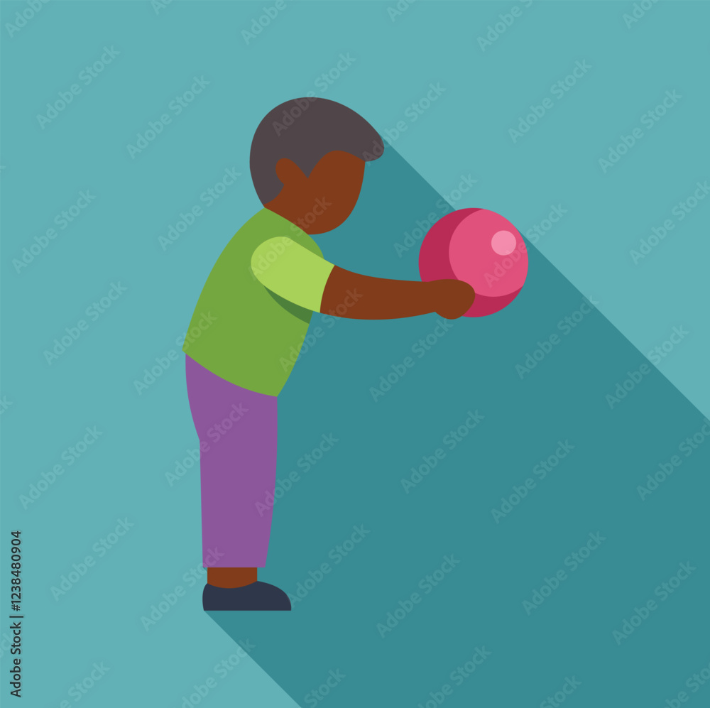 Young boy gently holds a pink ball, showcasing a playful moment of childhood joy in this simple side view illustration Young boy gently holds a pink ball, showcasing a playful moment of childhood joy in this simple side view illustration