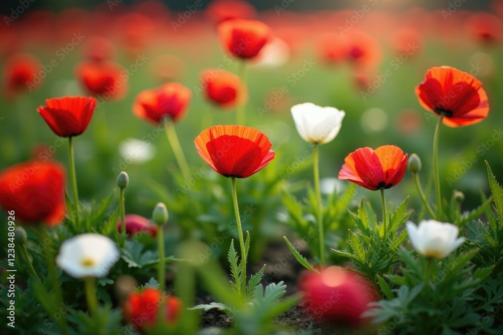Naklejka premium small white and red poppy flowers scattered on the ground, garden, flower