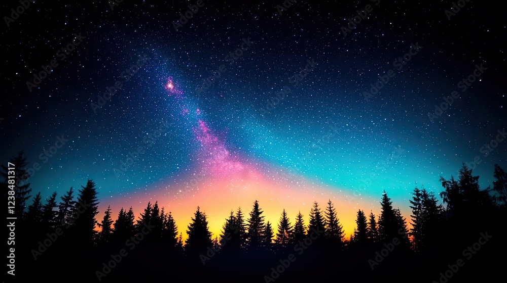 Fototapeta premium Starry skies nature concept. A stunning twilight scene featuring a starry sky over silhouetted trees.