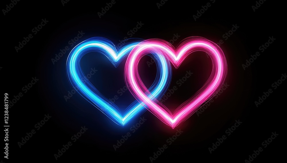 Abstract Glowing Neon Hearts Background. Intertwined Pink and Blue Heart Shapes with Bokeh for Valentine's Day Banner or Poster Abstract Glowing Neon Hearts Background. Intertwined Pink and Blue Heart Shapes with Bokeh for Valentine's Day Banner or Poster