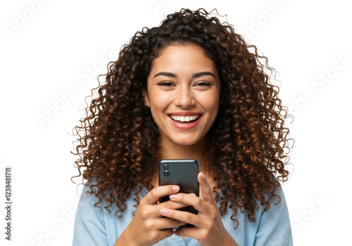 Portrait of a happy woman using mobile phone isolated on white background, no depth of field, sharp.