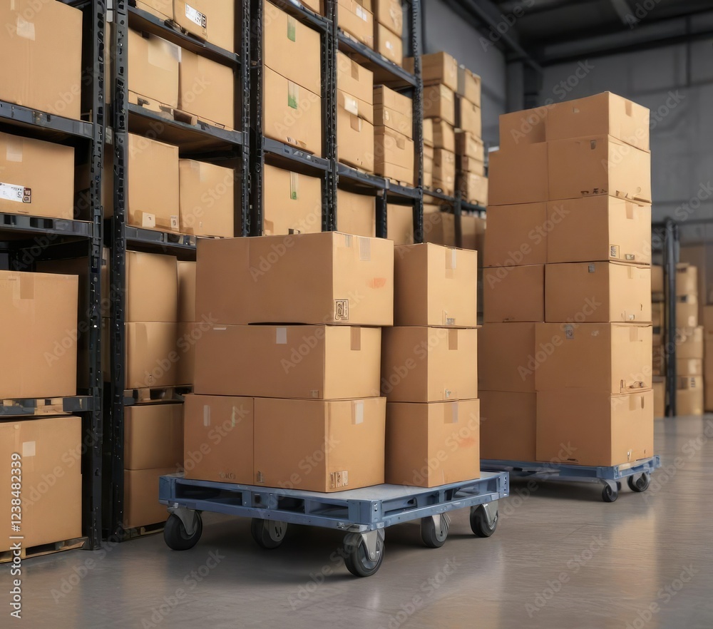 Storage unit with neatly stacked cardboard boxes and additional boxes on a cart nearby, organized, inventory Storage unit with neatly stacked cardboard boxes and additional boxes on a cart nearby, organized, inventory