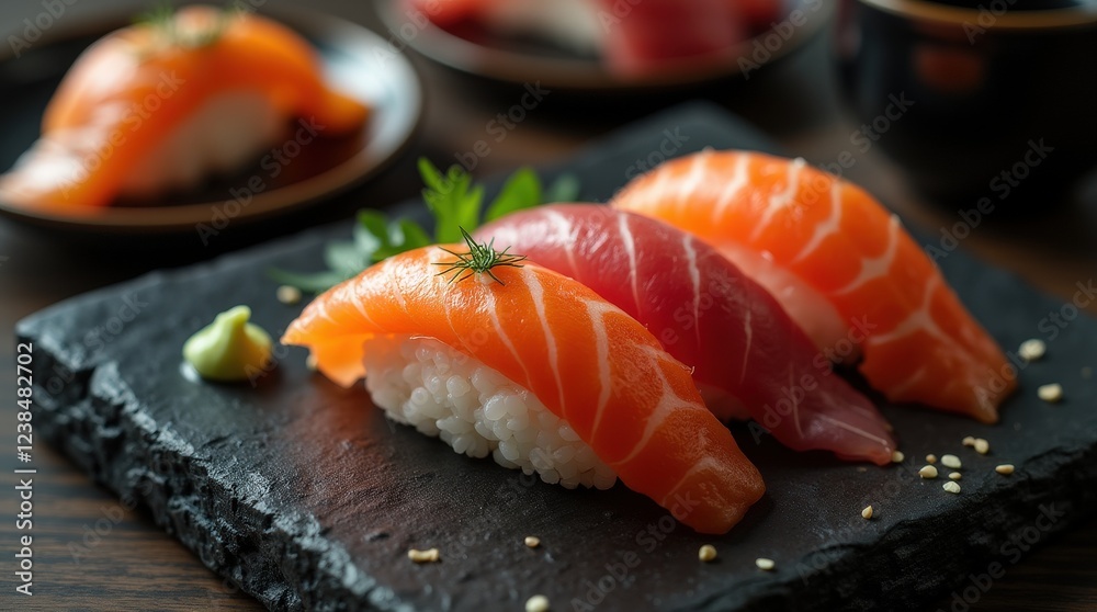 Hyper-realistic presentation of traditional Japanese sushi on a slate plate Hyper-realistic presentation of traditional Japanese sushi on a slate plate