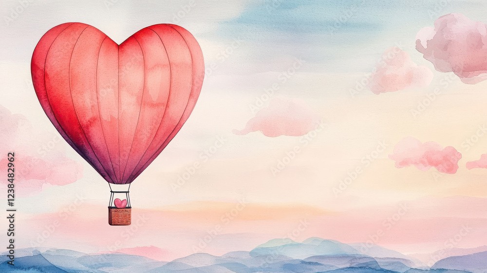 Fototapeta premium A whimsical heart-shaped hot air balloon floats over serene colorful landscapes.